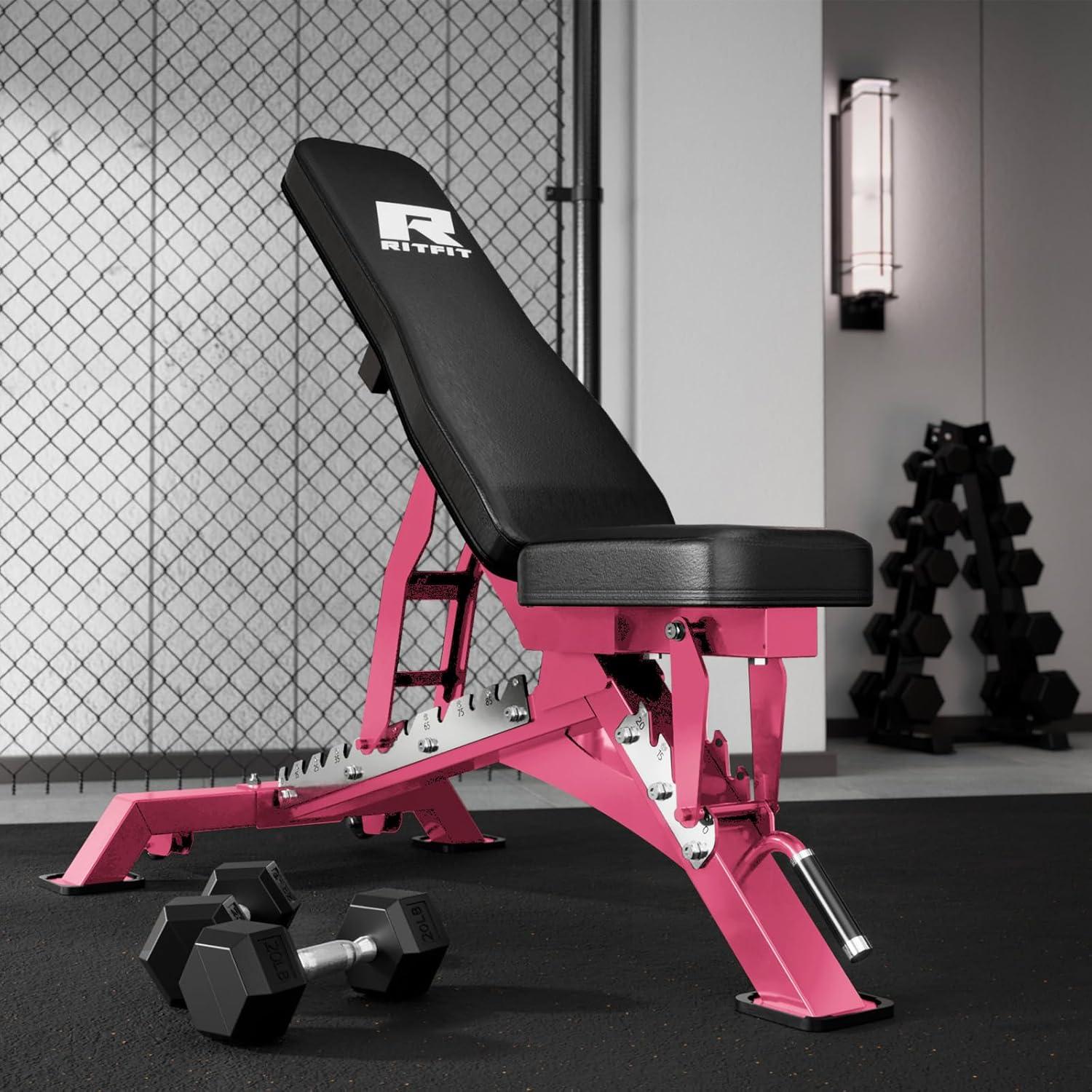 imageRITFIT Adjustable Weight Bench with Multiple Back Positions for Full Body Workouts Incline Decline and Flat Settings for Home Gym Strength Training 1300LB CapacityPink