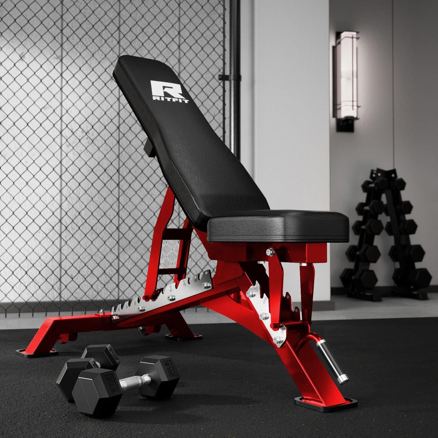imageRITFIT Adjustable Weight Bench with Multiple Back Positions for Full Body Workouts Incline Decline and Flat Settings for Home Gym Strength Training 1300LB CapacityRed