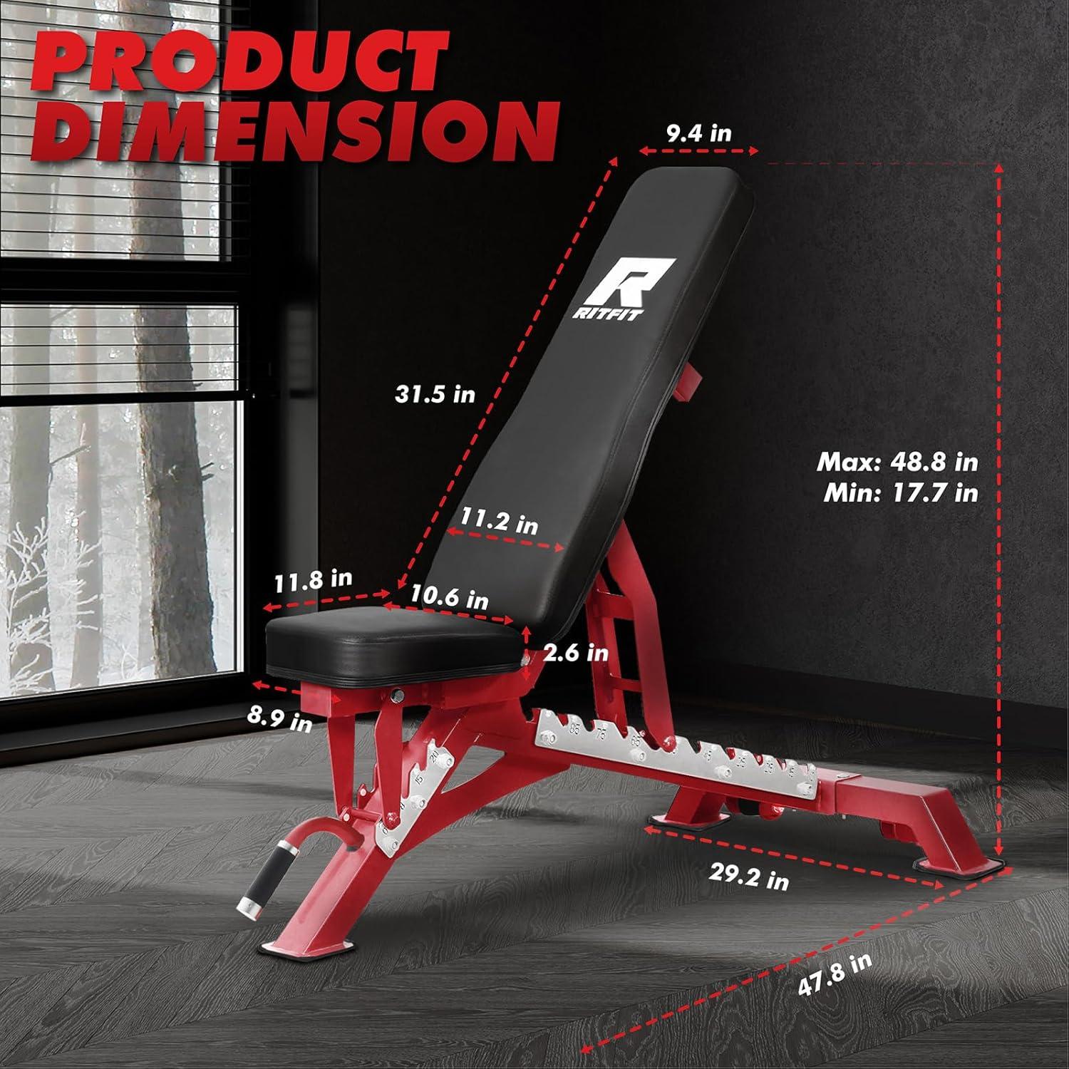 imageRITFIT Adjustable Weight Bench with Multiple Back Positions for Full Body Workouts Incline Decline and Flat Settings for Home Gym Strength Training 1300LB CapacityRed