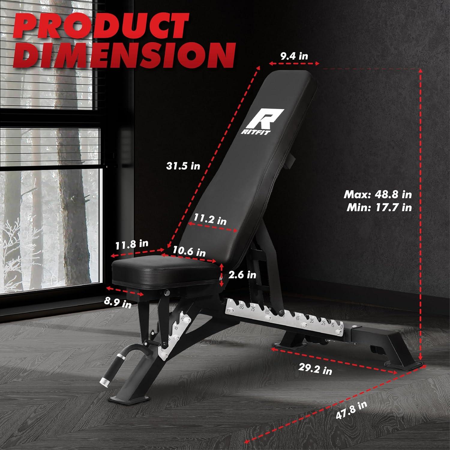 imageRITFIT Adjustable Weight Bench with Multiple Back Positions for Full Body Workouts Incline Decline and Flat Settings for Home Gym Strength Training 1300LB CapacityBlack