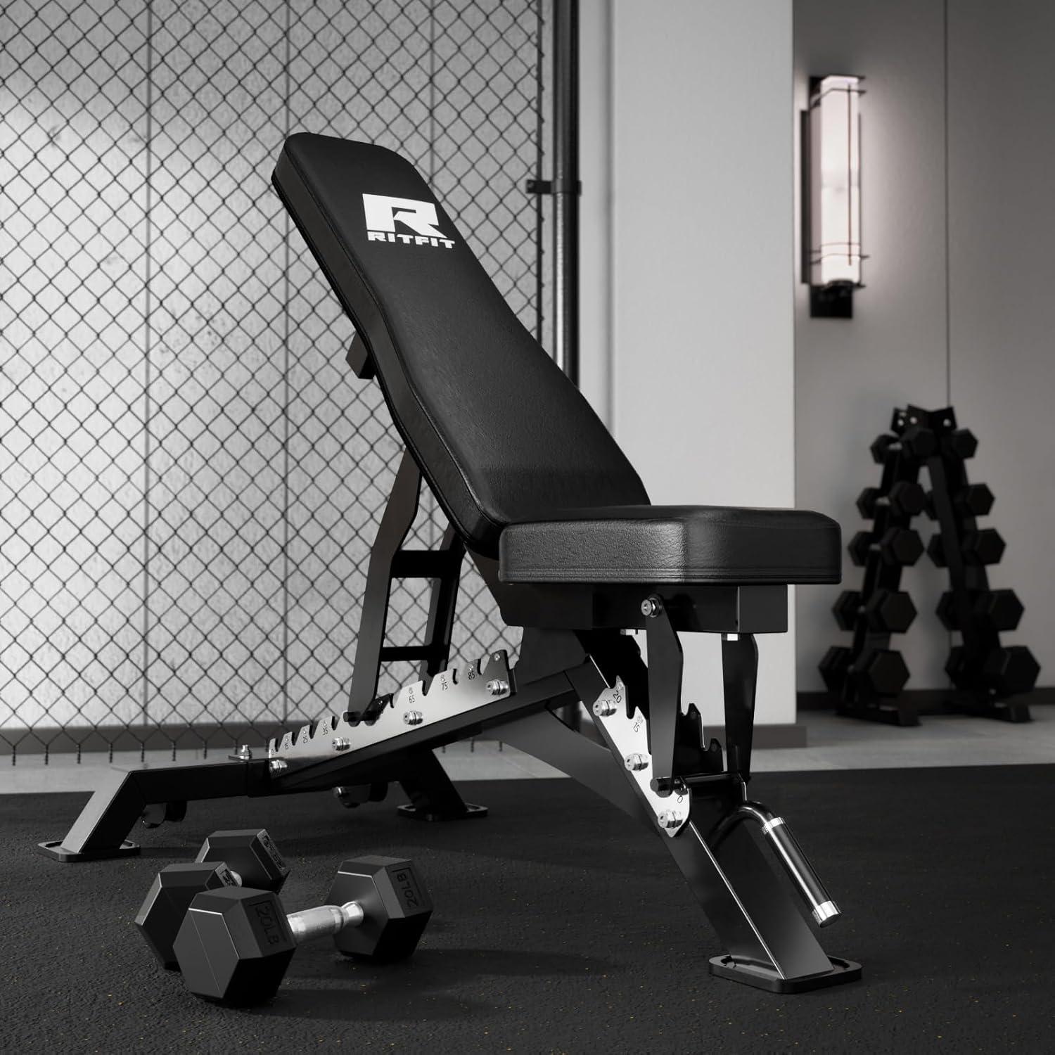 imageRITFIT Adjustable Weight Bench with Multiple Back Positions for Full Body Workouts Incline Decline and Flat Settings for Home Gym Strength Training 1300LB CapacityBlack