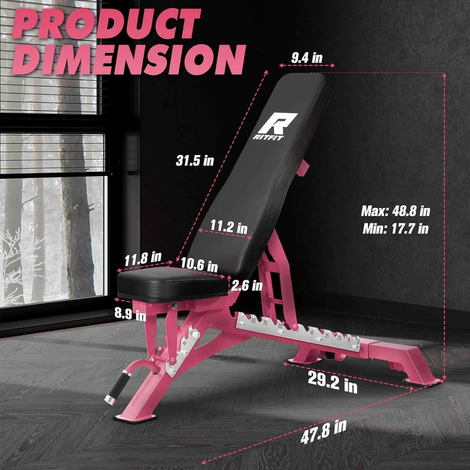 imageRITFIT Adjustable Weight Bench with Multiple Back Positions for Full Body Workouts Incline Decline and Flat Settings for Home Gym Strength Training 1300LB CapacityPink