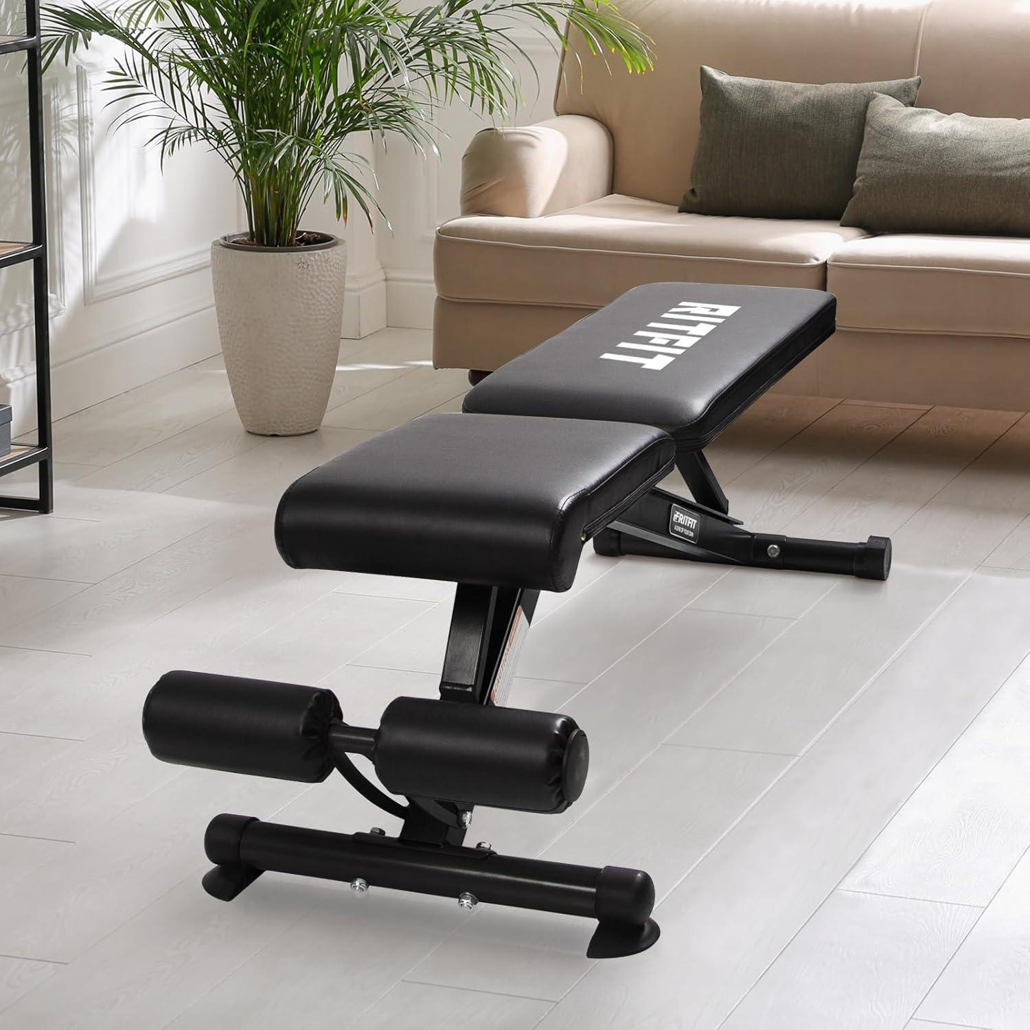 imageRitFit AdjustableFoldable Utility Weight Bench with Multiple Back Positions for Home Gym Decline Incline and Flat Settings for Weightlifting and Strength TrainingDark Black