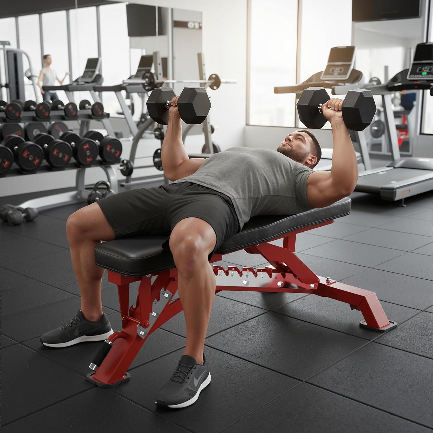 imageRitFit AdjustableFoldable Utility Weight Bench with Multiple Back Positions for Home Gym Decline Incline and Flat Settings for Weightlifting and Strength TrainingRED