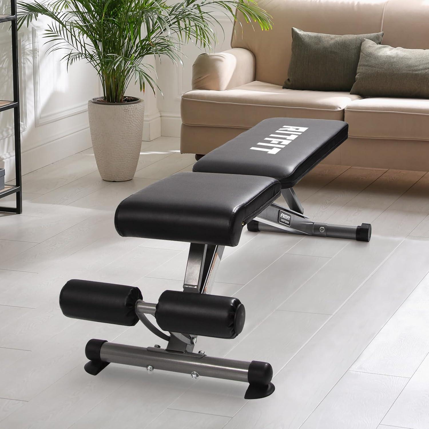 imageRitFit AdjustableFoldable Utility Weight Bench with Multiple Back Positions for Home Gym Decline Incline and Flat Settings for Weightlifting and Strength TrainingSliverBlack