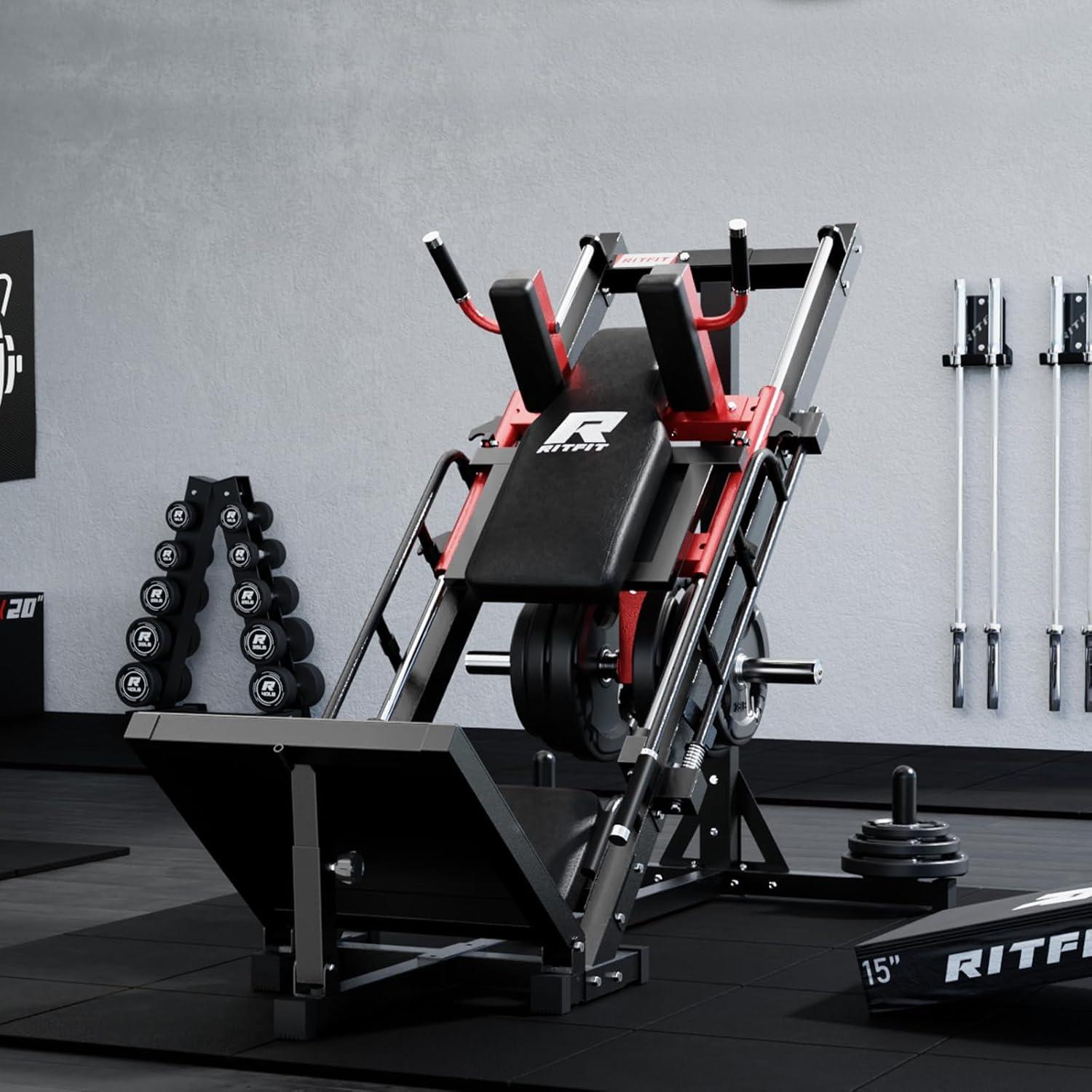 imageRitFit Leg Press Hack Squat Machine Professional Adjustable Leg Press Machine for Home Gym with Linear Bearing Specialty Hack Squat Machine for Full Lower Body Workout with Weight Storage Posts Red