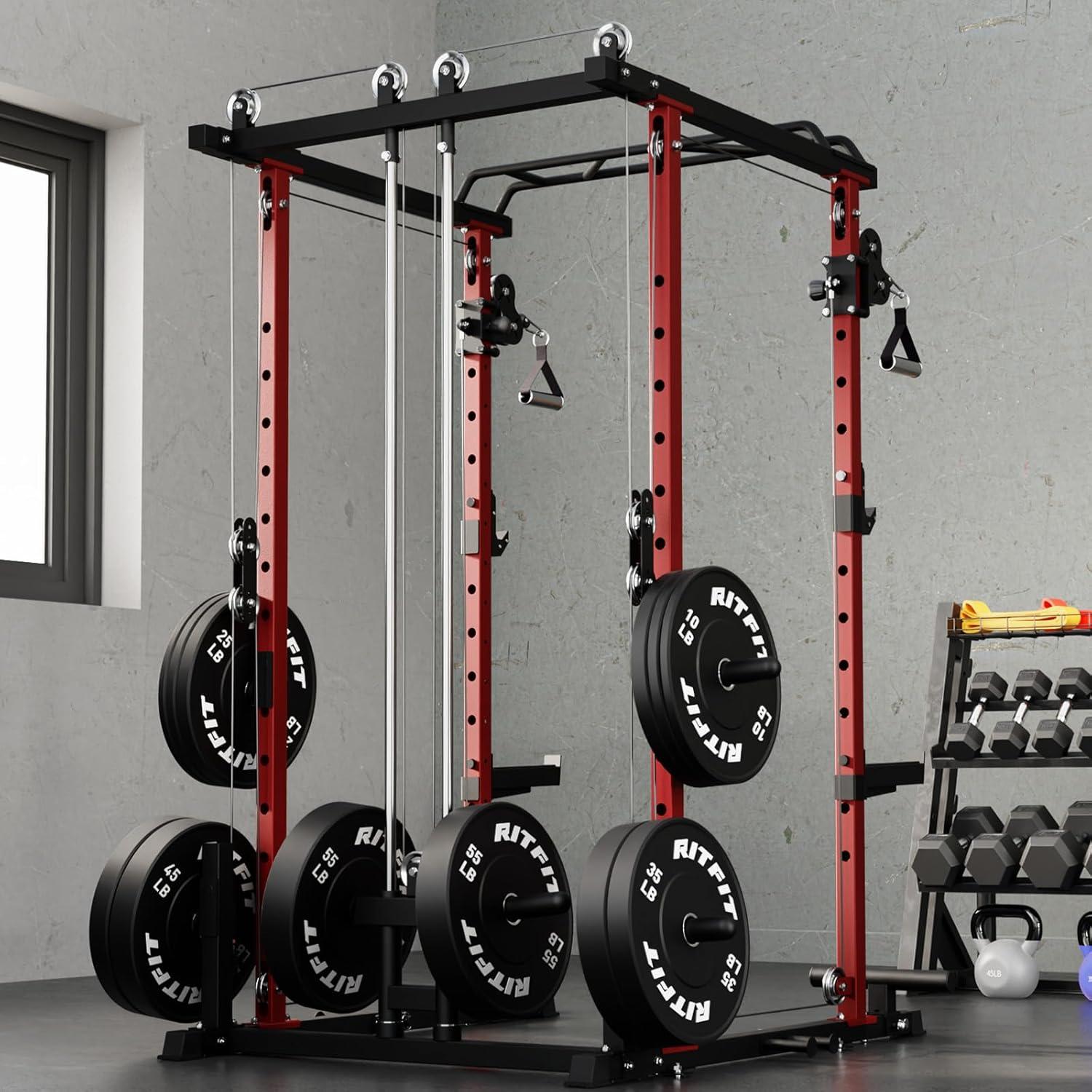 imageRitFit MultiFunction Squat Rack Power Cage PPCP3 with Cable Crossover System 1200LBS Capacity Power Rack and Packages with Optional Weight Bench Barbell Weight Set for Garage Workout amp Home GymRed