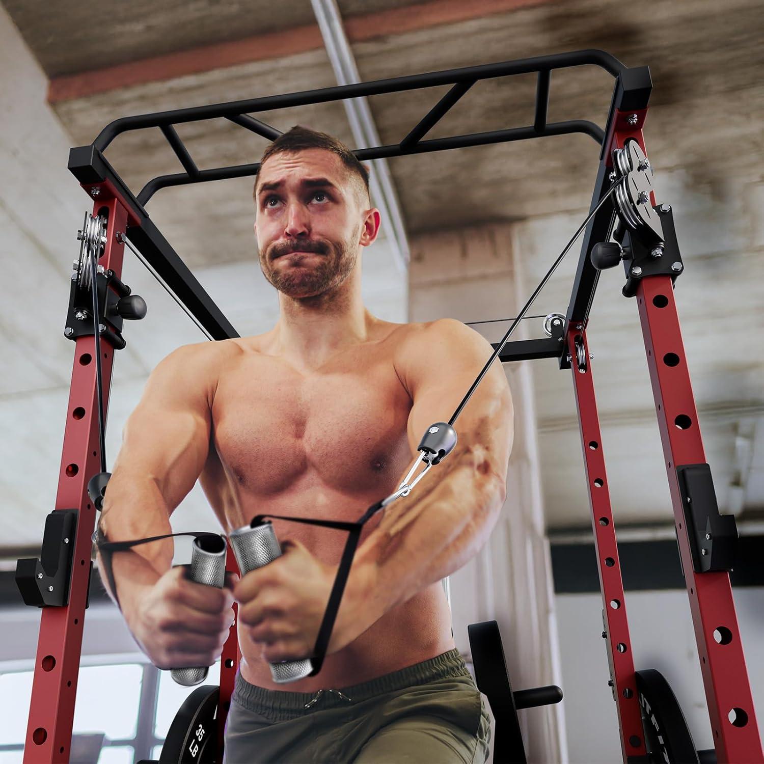 imageRitFit MultiFunction Squat Rack Power Cage PPCP3 with Cable Crossover System 1200LBS Capacity Power Rack and Packages with Optional Weight Bench Barbell Weight Set for Garage Workout amp Home GymRed