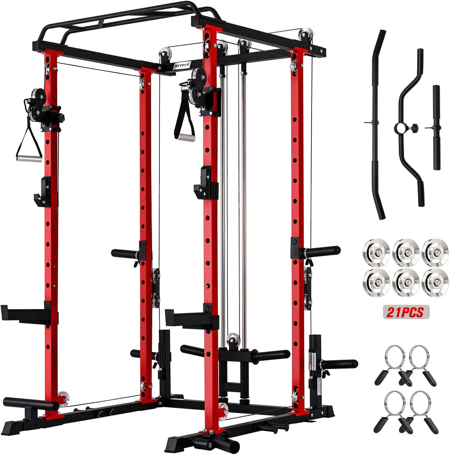 imageRitFit MultiFunction Squat Rack Power Cage PPCP3 with Cable Crossover System 1200LBS Capacity Power Rack and Packages with Optional Weight Bench Barbell Weight Set for Garage Workout amp Home GymRed