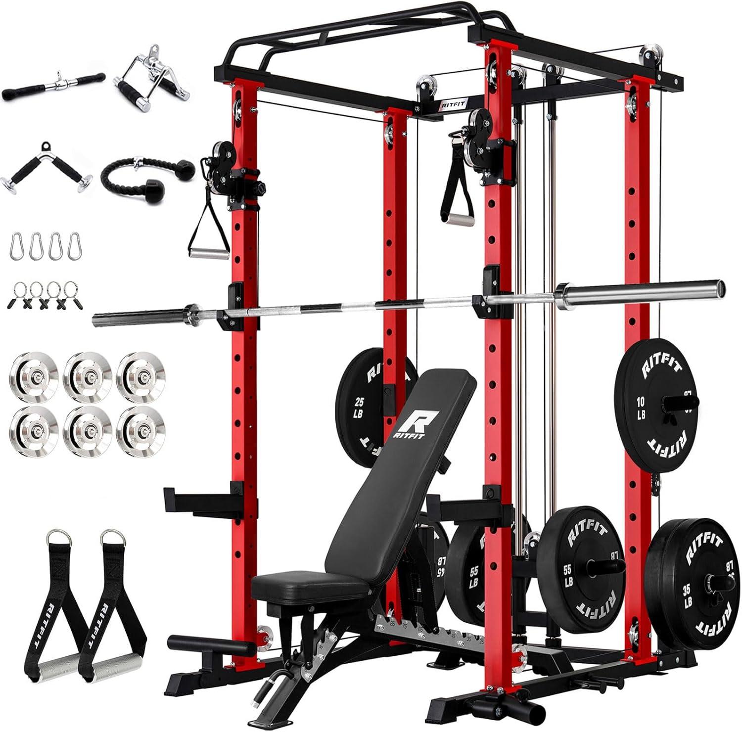 imageRitFit MultiFunction Squat Rack Power Cage PPCP3 with Cable Crossover System 1200LBS Capacity Power Rack and Packages with Optional Weight Bench Barbell Weight Set for Garage Workout amp Home GymRed