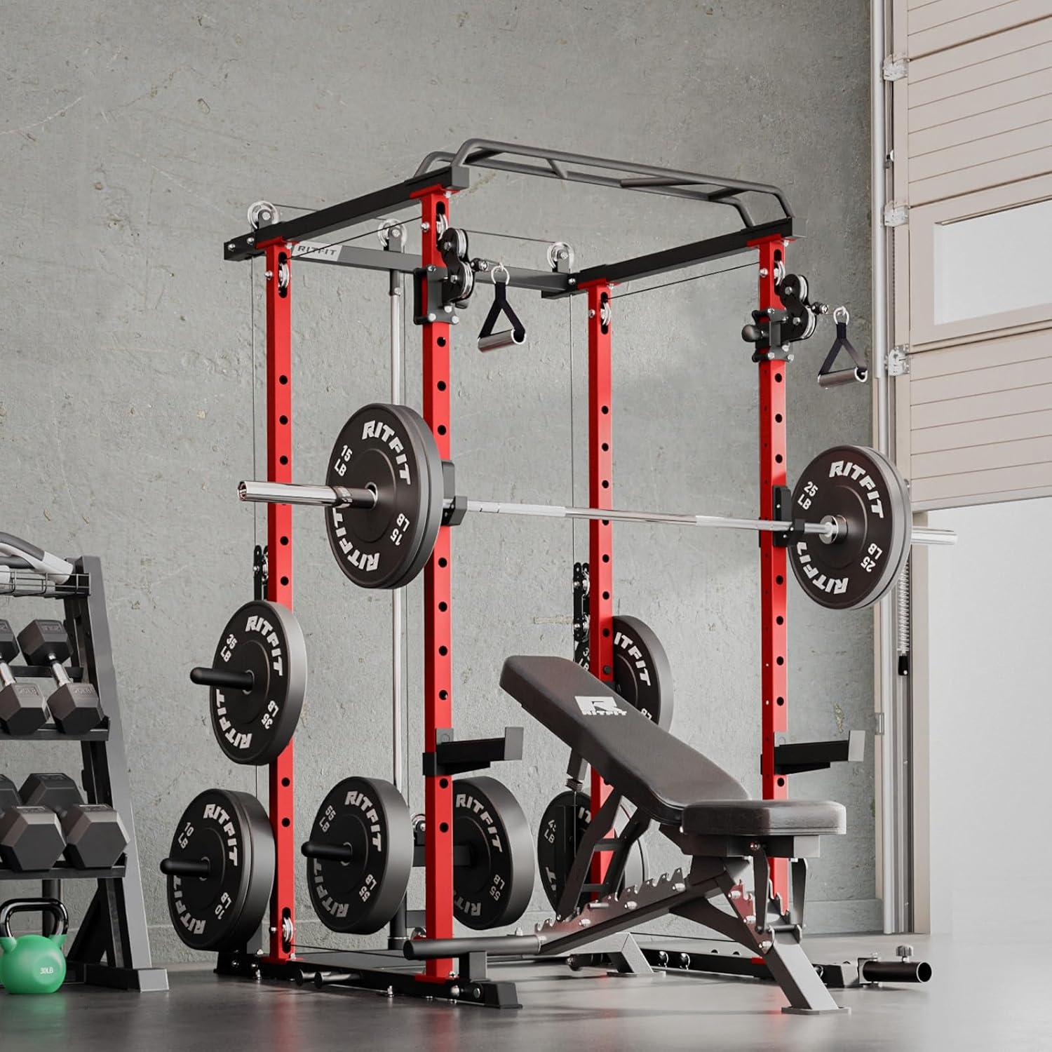 imageRitFit MultiFunction Squat Rack Power Cage PPCP3 with Cable Crossover System 1200LBS Capacity Power Rack and Packages with Optional Weight Bench Barbell Weight Set for Garage Workout amp Home GymRed