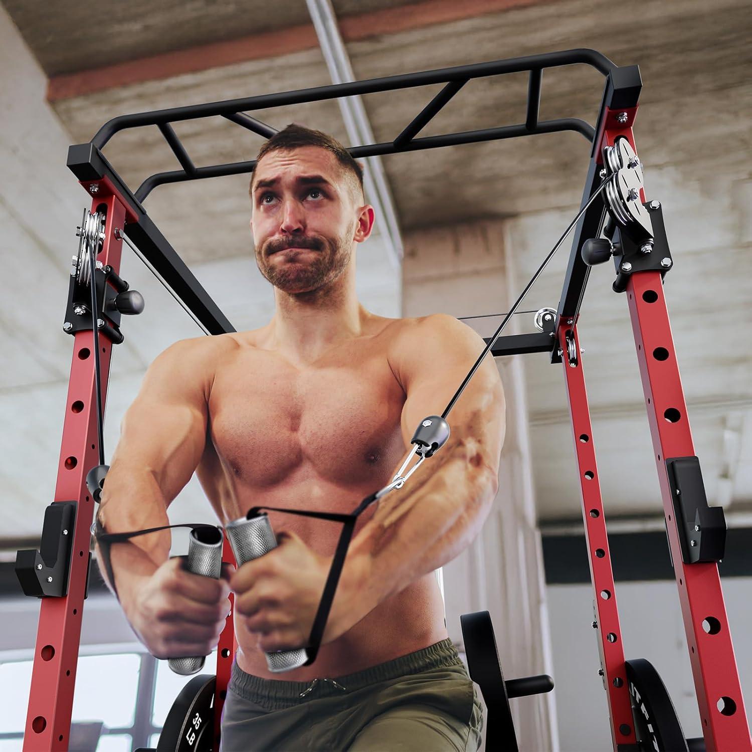imageRitFit MultiFunction Squat Rack Power Cage PPCP3 with Cable Crossover System 1200LBS Capacity Power Rack and Packages with Optional Weight Bench Barbell Weight Set for Garage Workout amp Home GymRed