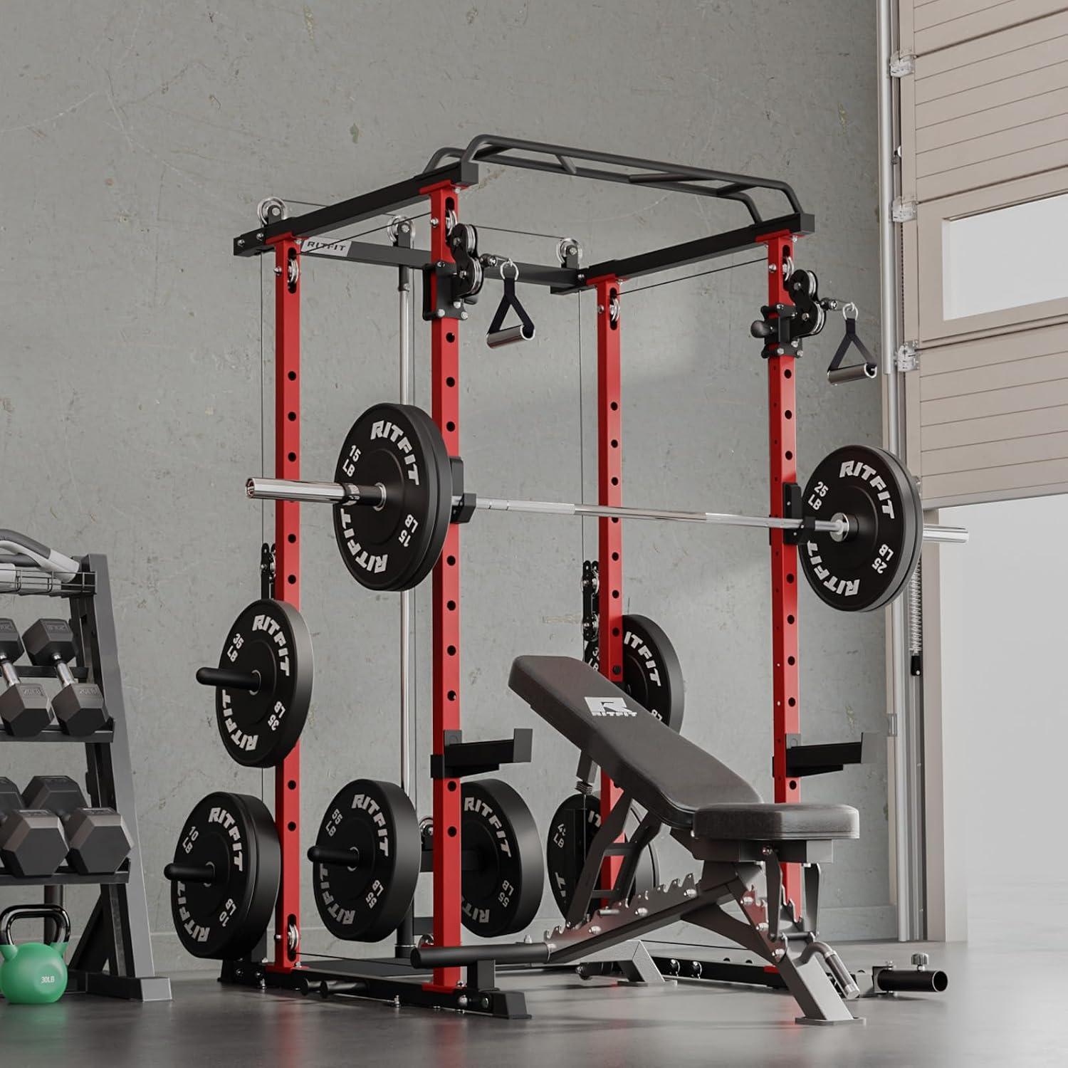 imageRitFit MultiFunction Squat Rack Power Cage PPCP3 with Cable Crossover System 1200LBS Capacity Power Rack and Packages with Optional Weight Bench Barbell Weight Set for Garage Workout amp Home GymRed