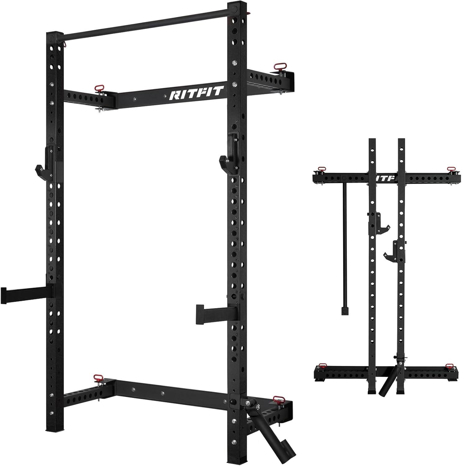 imageRitFit MultiFunctional Folding Squat Rack for Home Gym 236 x 236 Wall Mounted Squat Rack with Attachments Space Saving Squat Power RackBlack