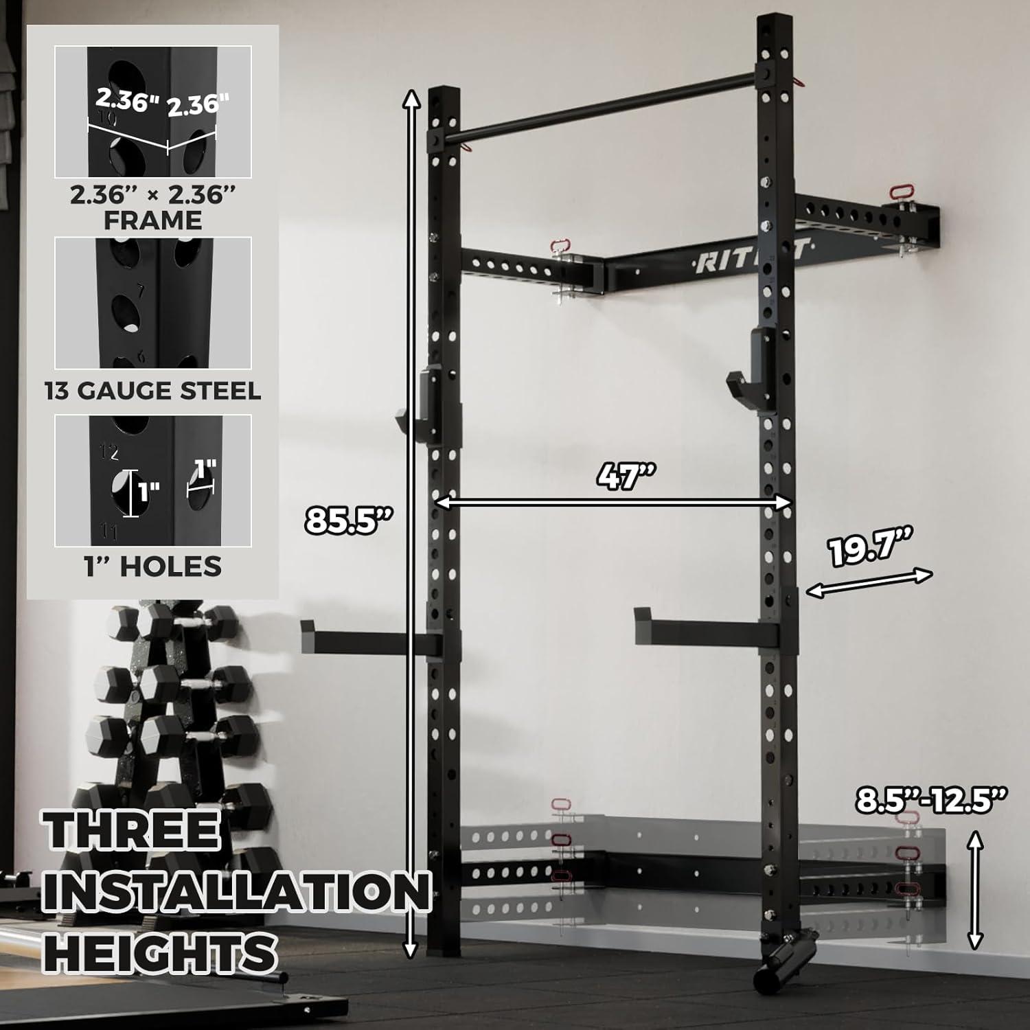 imageRitFit MultiFunctional Folding Squat Rack for Home Gym 236 x 236 Wall Mounted Squat Rack with Attachments Space Saving Squat Power RackBlack