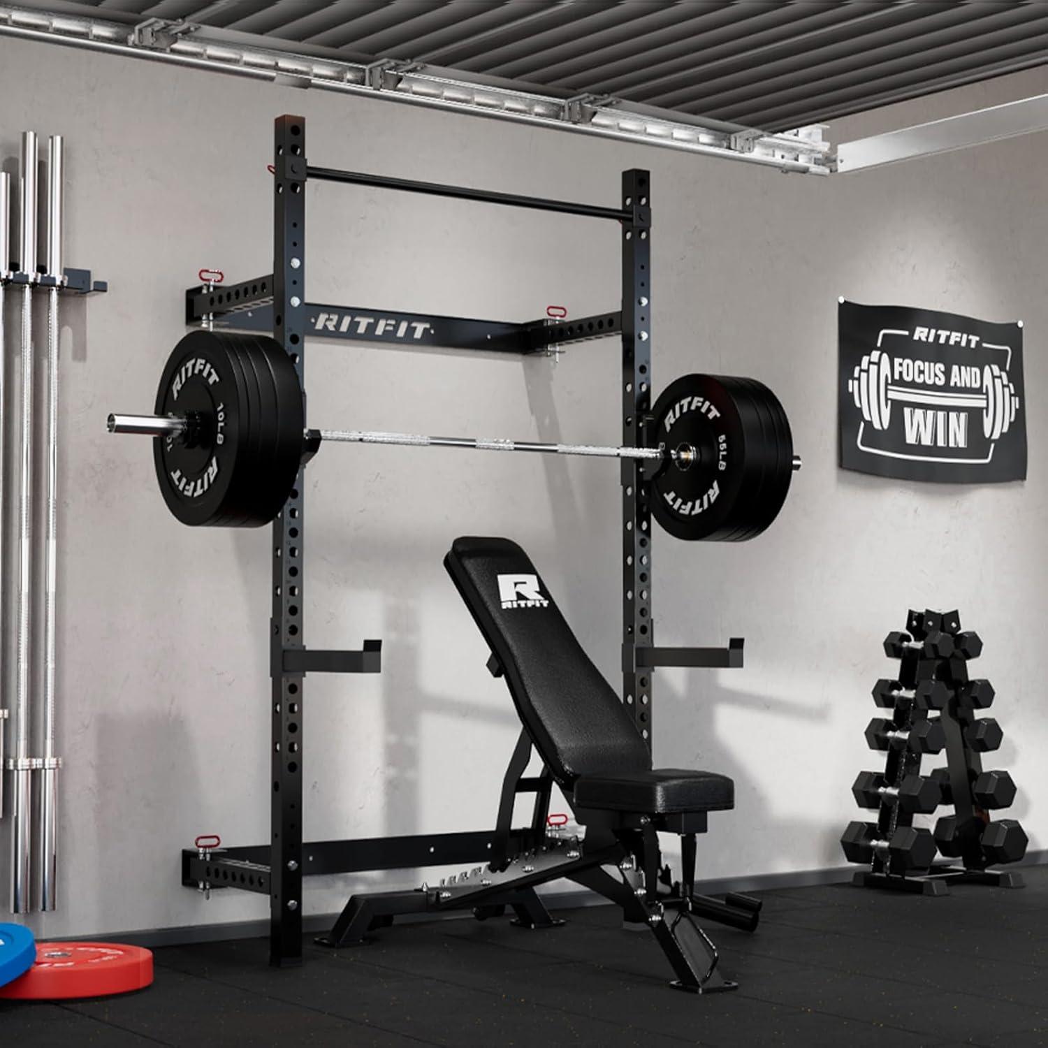 imageRitFit MultiFunctional Folding Squat Rack for Home Gym 236 x 236 Wall Mounted Squat Rack with Attachments Space Saving Squat Power RackBlack