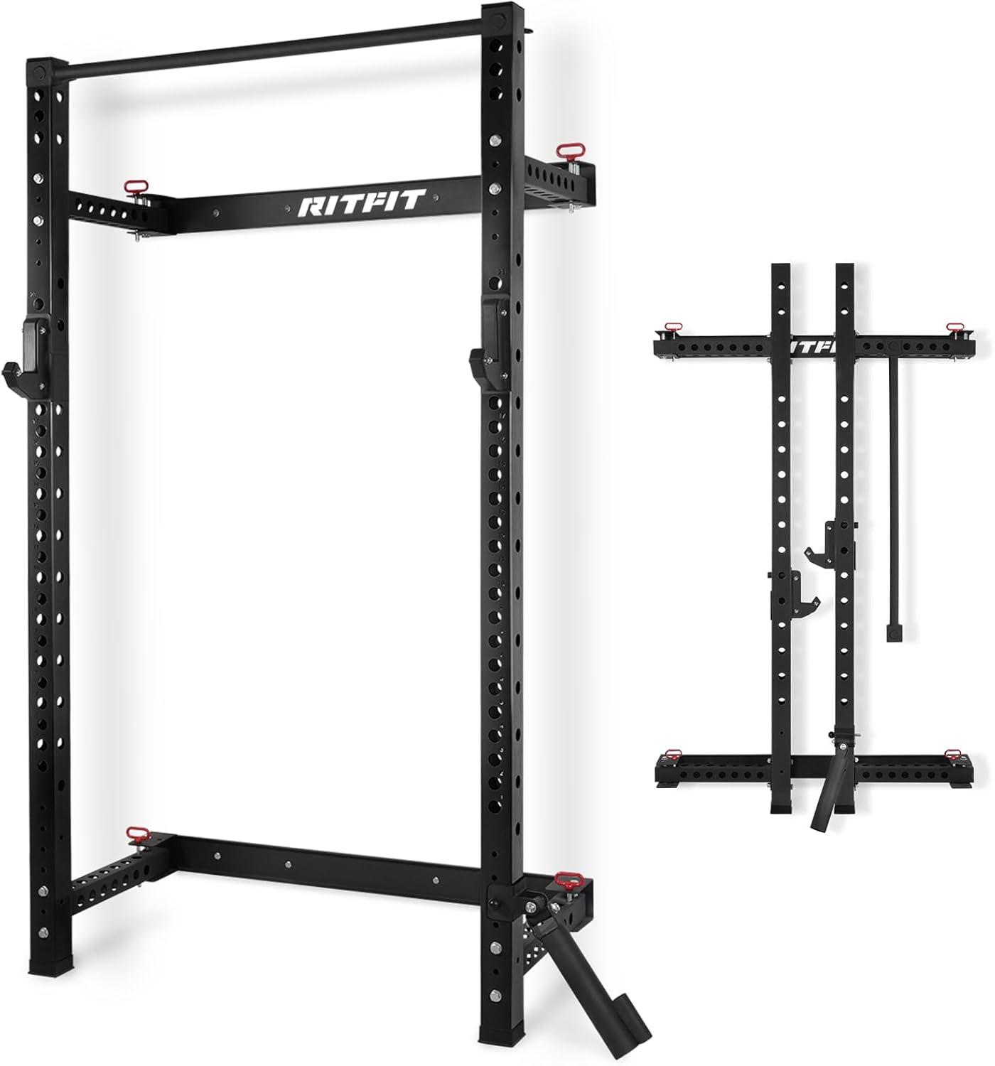 imageRitFit MultiFunctional Folding Squat Rack for Home Gym 236 x 236 Wall Mounted Squat Rack with Attachments Space Saving Squat Power RackBlack