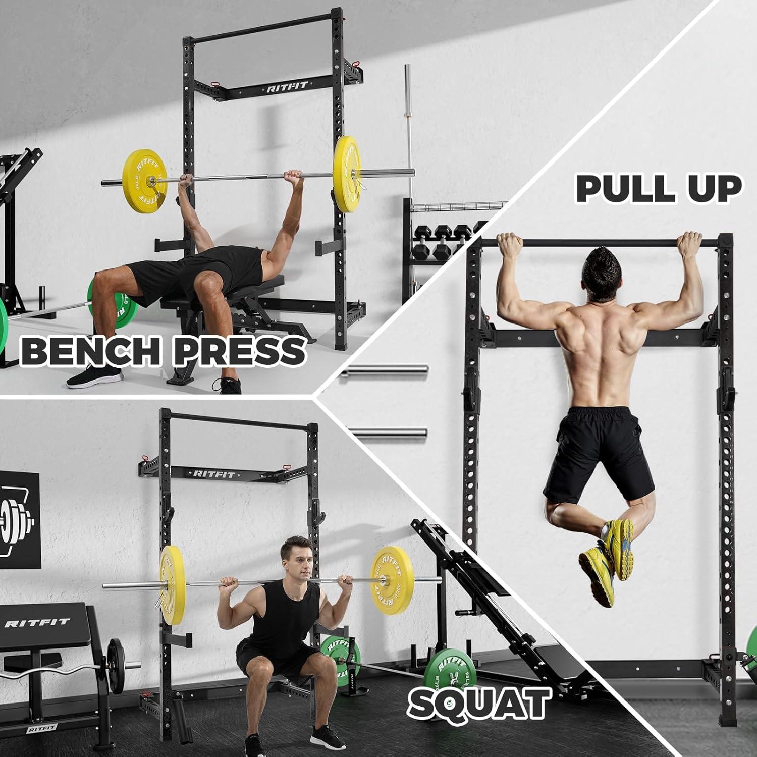 imageRitFit MultiFunctional Folding Squat Rack for Home Gym 236 x 236 Wall Mounted Squat Rack with Attachments Space Saving Squat Power RackBlack