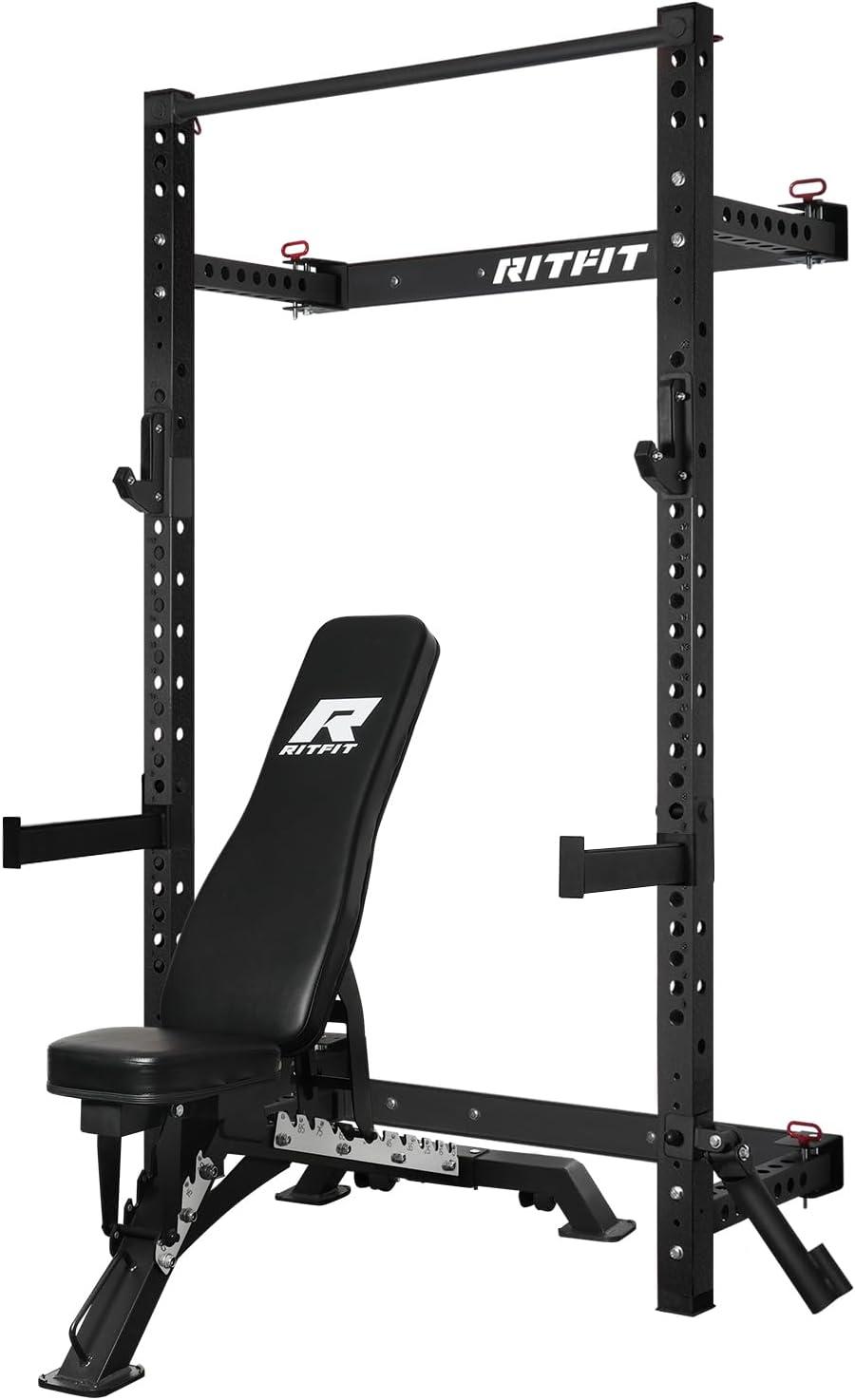 imageRitFit MultiFunctional Folding Squat Rack for Home Gym 236 x 236 Wall Mounted Squat Rack with Attachments Space Saving Squat Power RackBlack