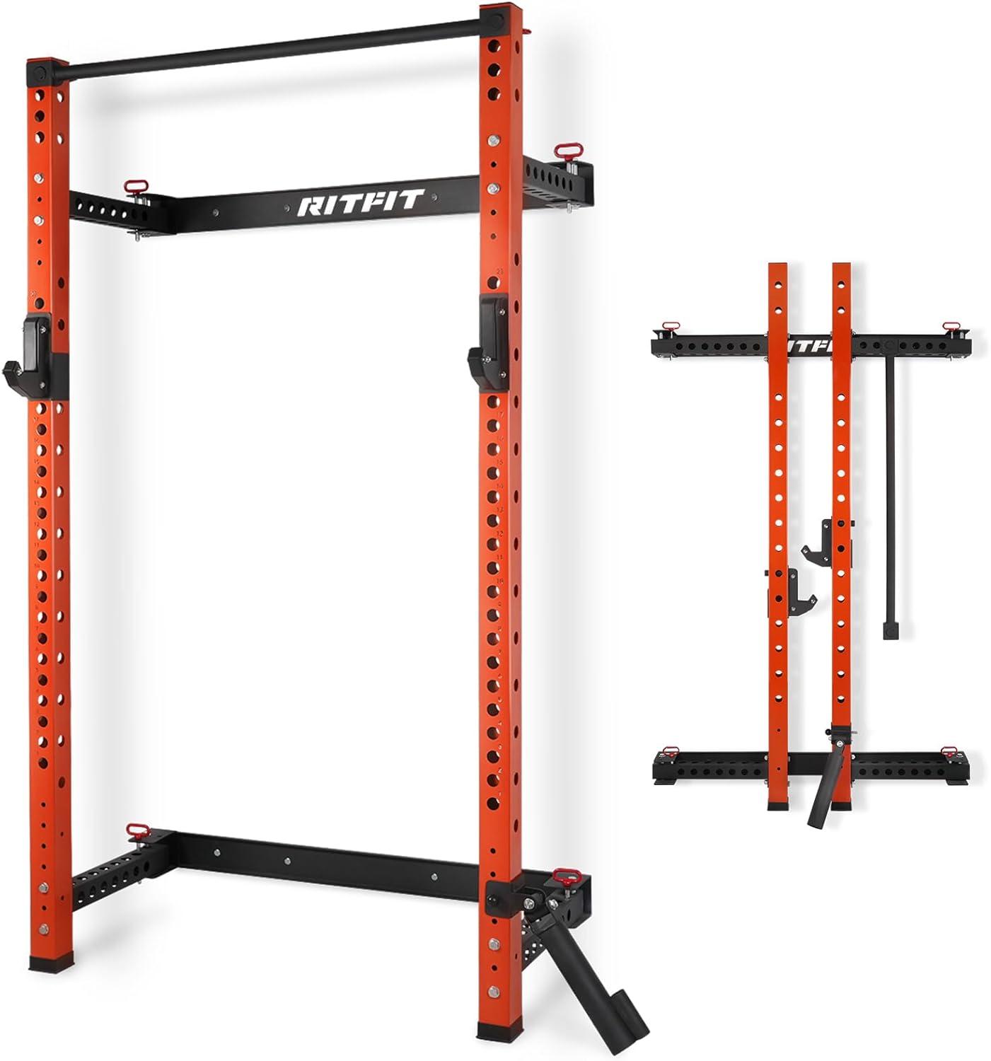 imageRitFit MultiFunctional Folding Squat Rack for Home Gym 236 x 236 Wall Mounted Squat Rack with Attachments Space Saving Squat Power RackOrange