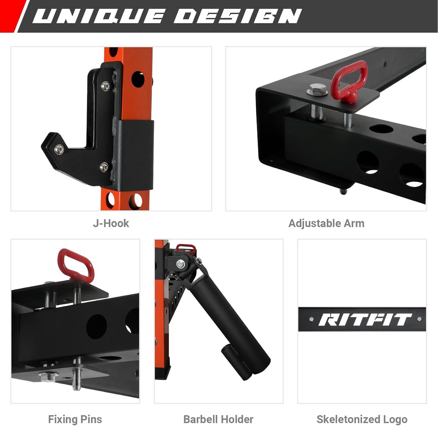 imageRitFit MultiFunctional Folding Squat Rack for Home Gym 236 x 236 Wall Mounted Squat Rack with Attachments Space Saving Squat Power RackOrange