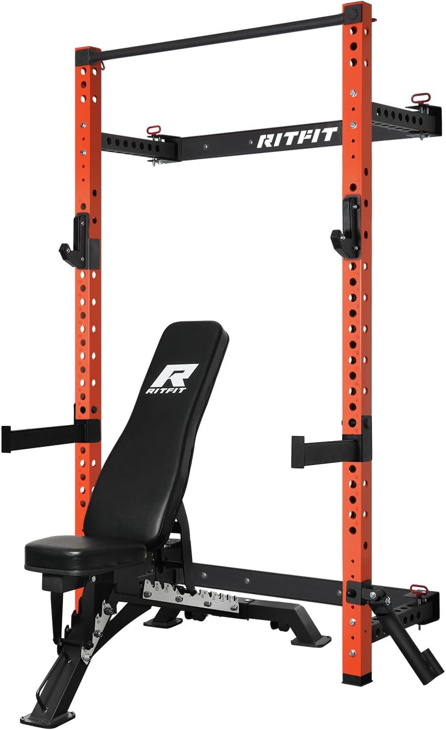 imageRitFit MultiFunctional Folding Squat Rack for Home Gym 236 x 236 Wall Mounted Squat Rack with Attachments Space Saving Squat Power RackOrange