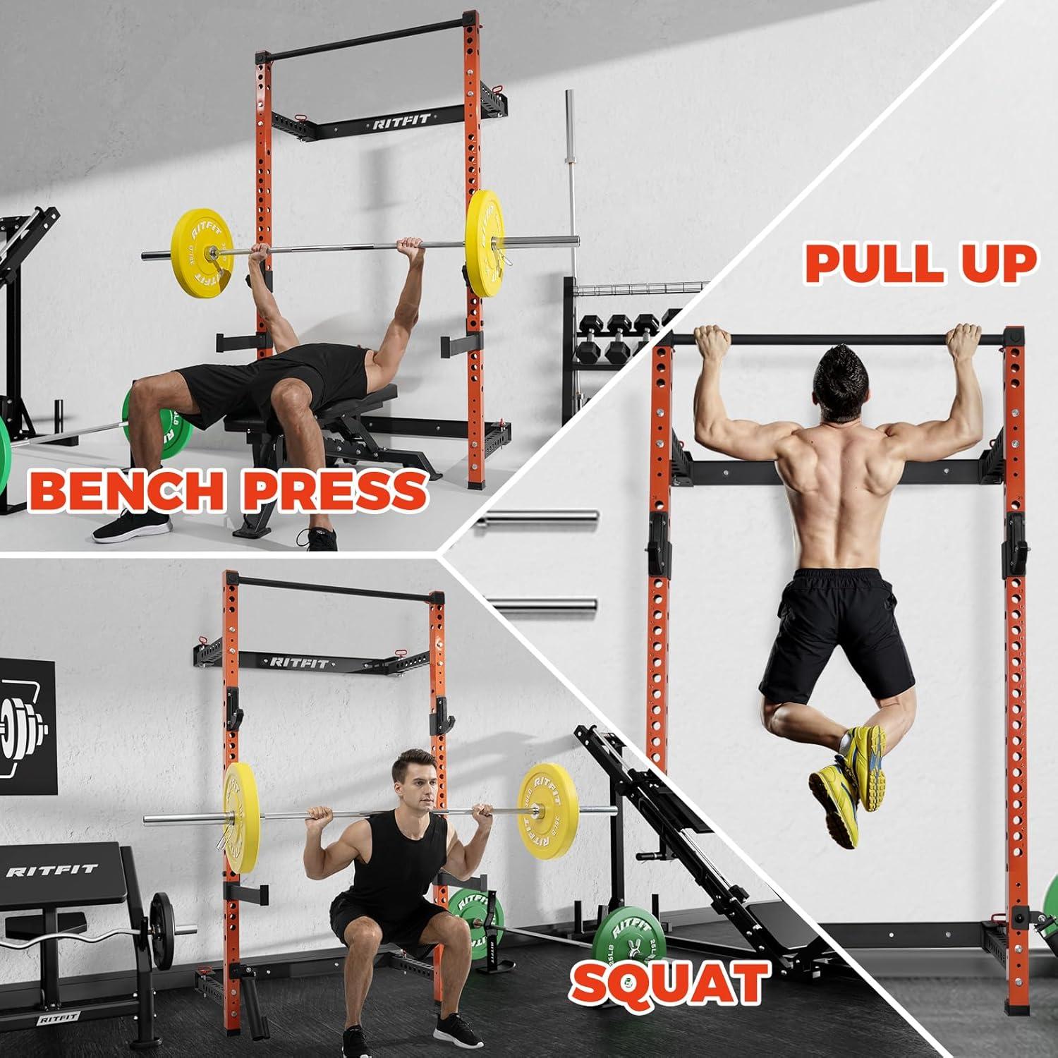 imageRitFit MultiFunctional Folding Squat Rack for Home Gym 236 x 236 Wall Mounted Squat Rack with Attachments Space Saving Squat Power RackOrange
