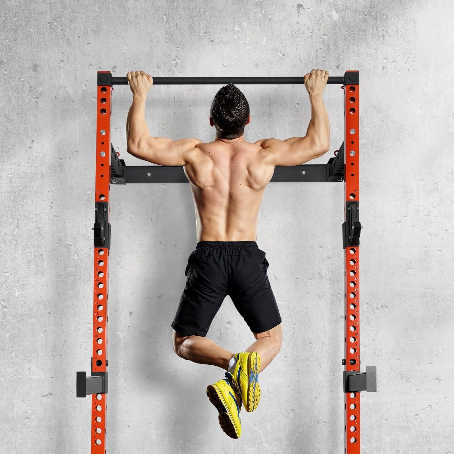 imageRitFit MultiFunctional Folding Squat Rack for Home Gym 236 x 236 Wall Mounted Squat Rack with Attachments Space Saving Squat Power RackOrange