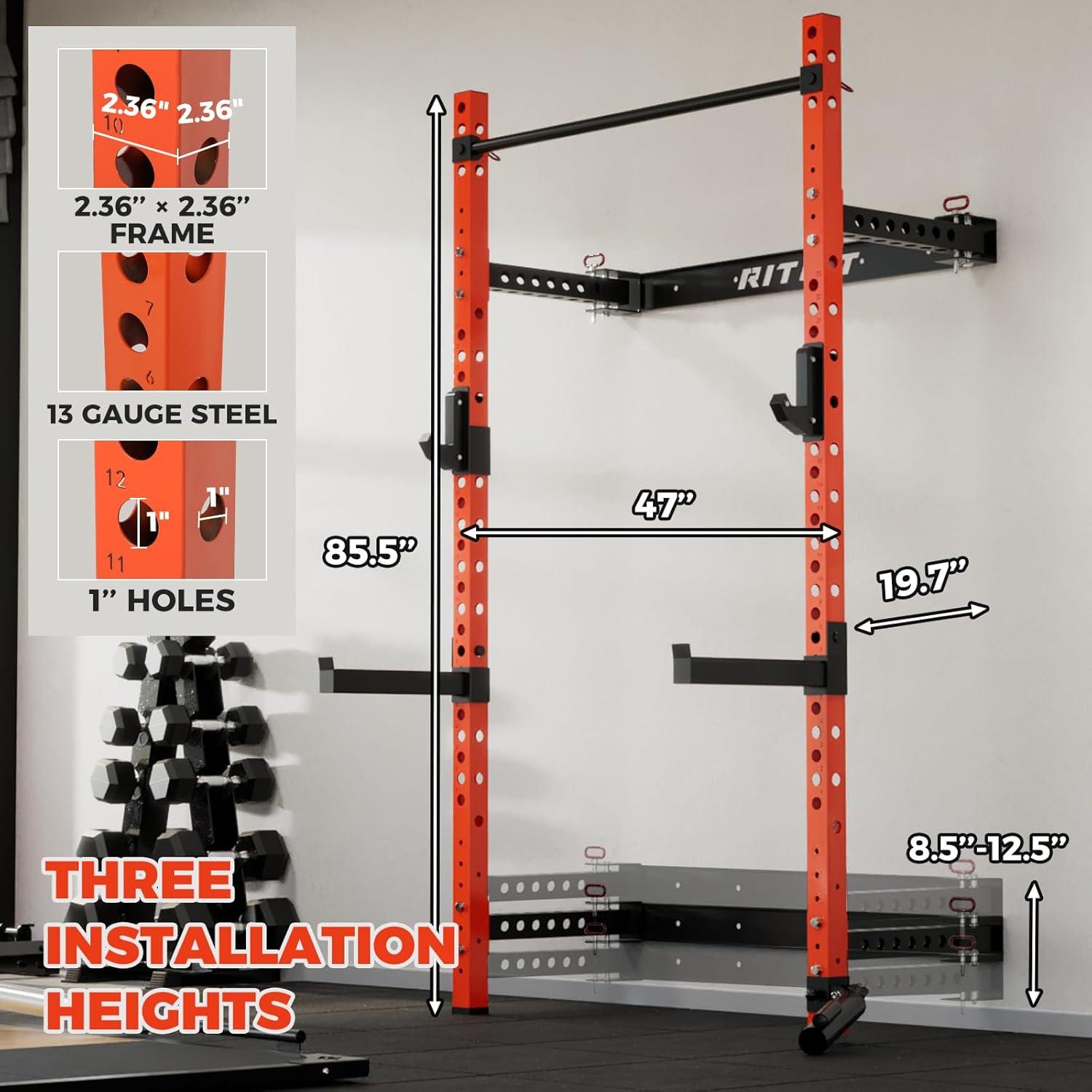 imageRitFit MultiFunctional Folding Squat Rack for Home Gym 236 x 236 Wall Mounted Squat Rack with Attachments Space Saving Squat Power RackOrange
