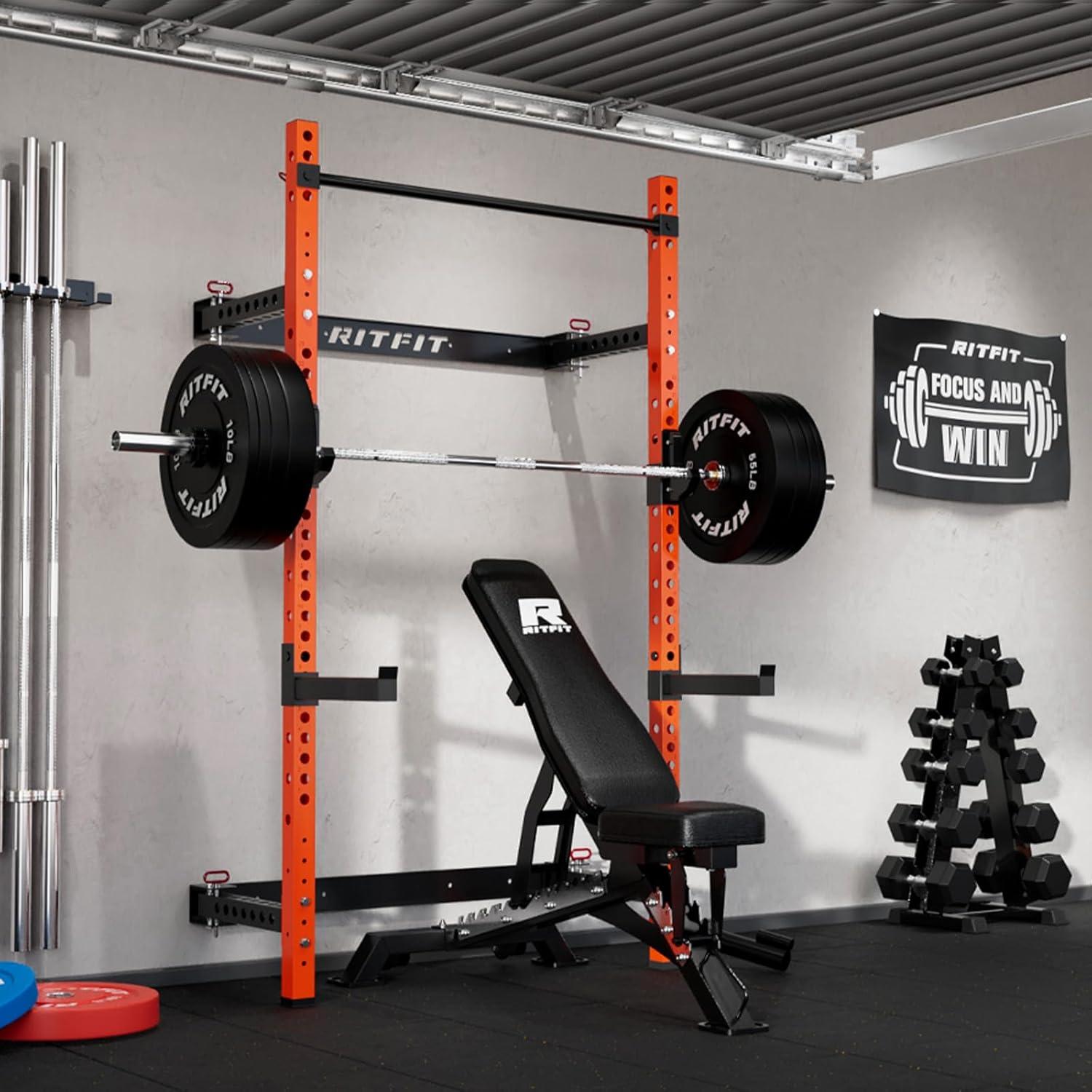imageRitFit MultiFunctional Folding Squat Rack for Home Gym 236 x 236 Wall Mounted Squat Rack with Attachments Space Saving Squat Power RackOrange