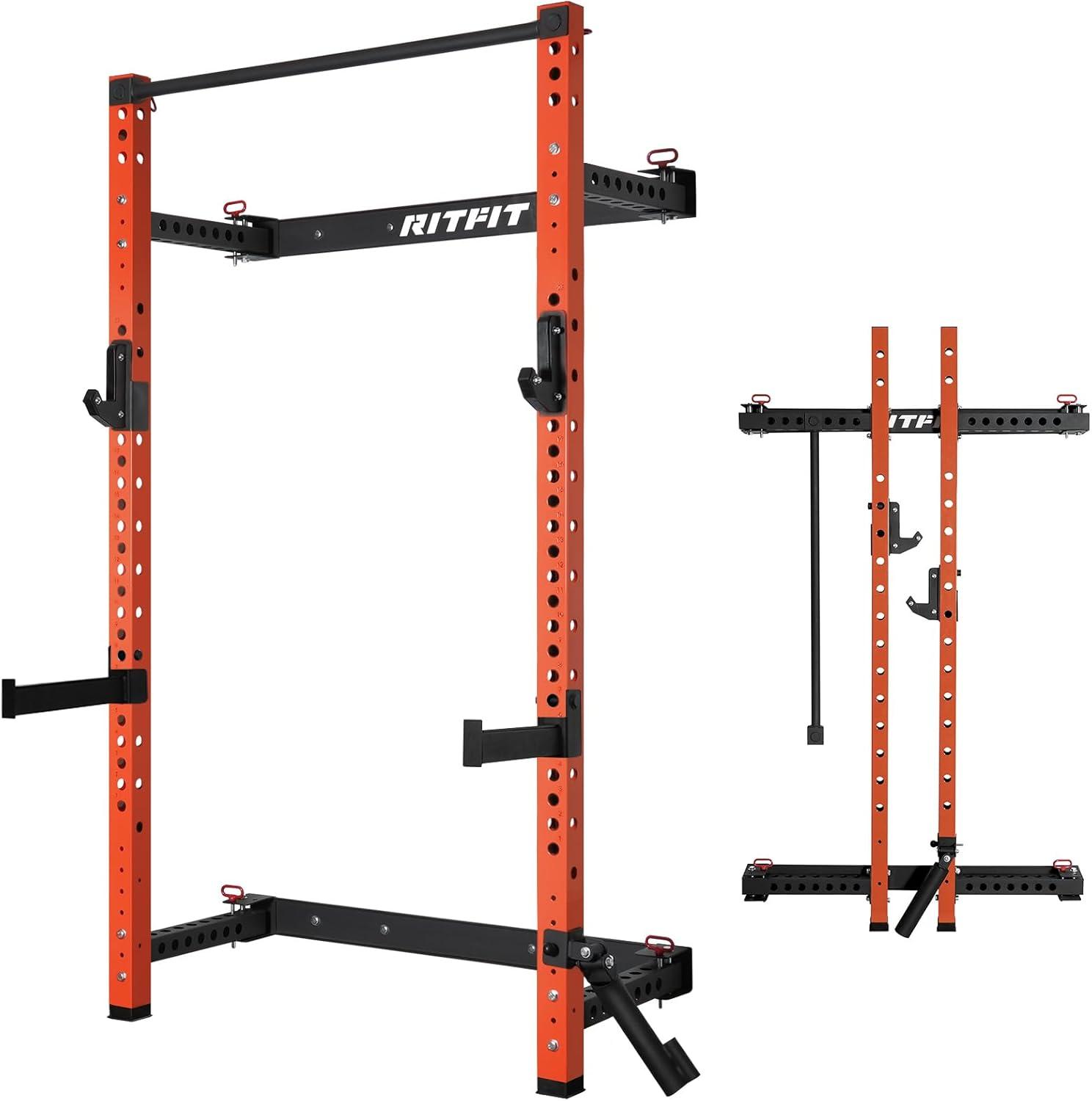 imageRitFit MultiFunctional Folding Squat Rack for Home Gym 236 x 236 Wall Mounted Squat Rack with Attachments Space Saving Squat Power RackOrange