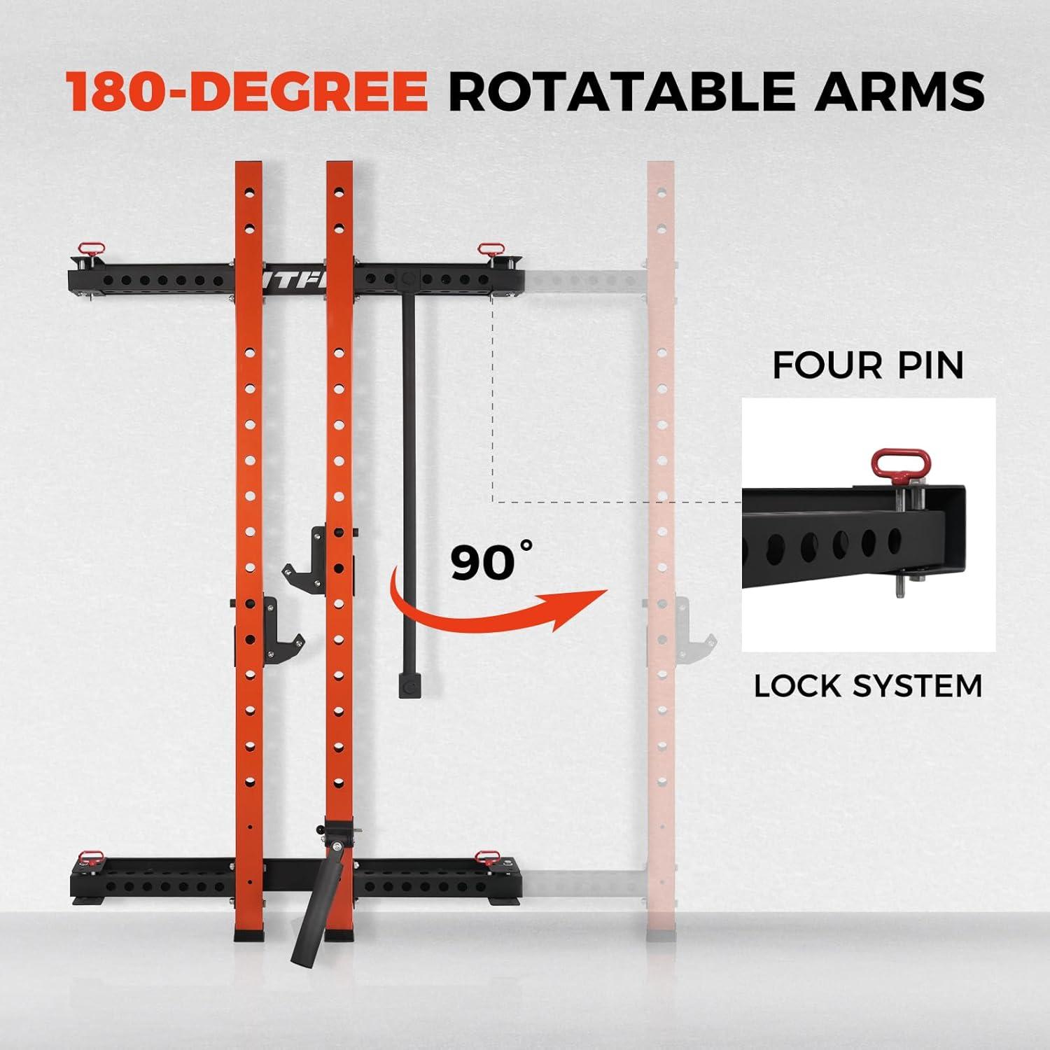 imageRitFit MultiFunctional Folding Squat Rack for Home Gym 236 x 236 Wall Mounted Squat Rack with Attachments Space Saving Squat Power RackOrange