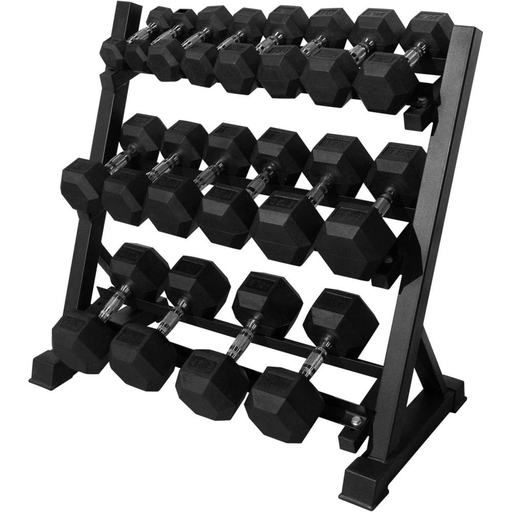 imageRITFIT 650550450350300310260210200180150100 LB Rubber Hex Dumbbells Set with Optional Dumbbell Rack Multi Weight Set to Choose Ideal for Home Gym and Fitness450 LBS Set with 3Tier Rack
