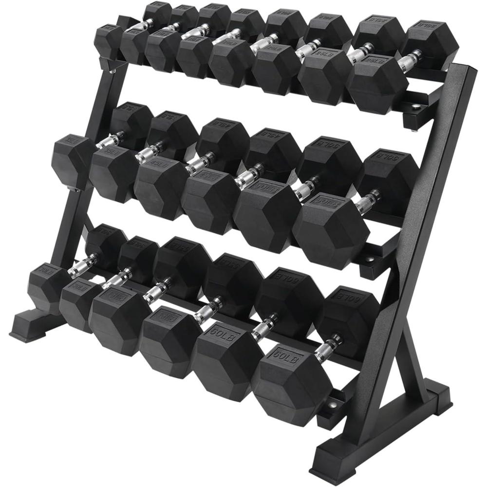 imageRITFIT 650550450350300310260210200180150100 LB Rubber Hex Dumbbells Set with Optional Dumbbell Rack Multi Weight Set to Choose Ideal for Home Gym and Fitness650 LBS Set with 3Tier Rack