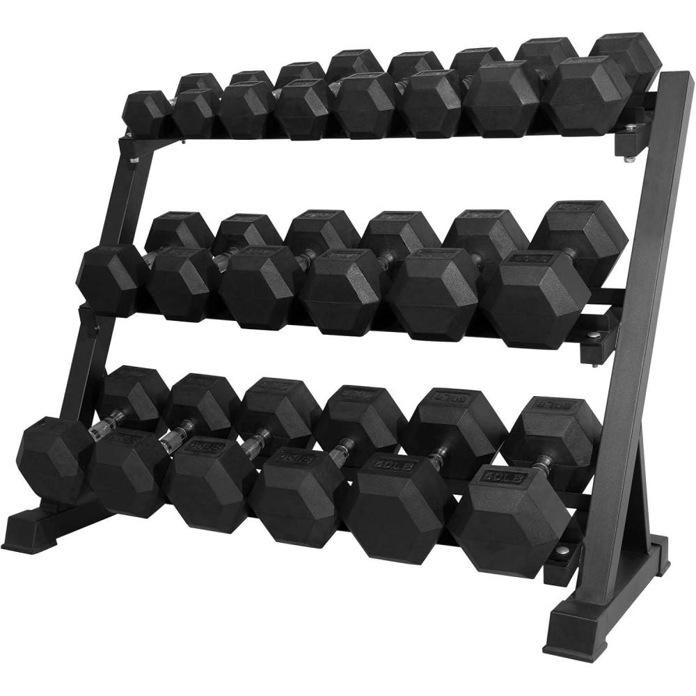 imageRITFIT 650550450350300310260210200180150100 LB Rubber Hex Dumbbells Set with Optional Dumbbell Rack Multi Weight Set to Choose Ideal for Home Gym and Fitness550LBS Set with 3 Tier Rack