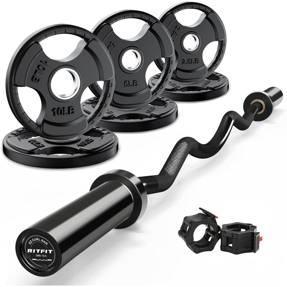 imageRitFit 2 Inch EZ Curl Bar with Weights 350LBS Weight Capacity Olympic Curl Barbell for Bicep Tricep and Weight Lifting ExercisesBlack with 35LB Weights
