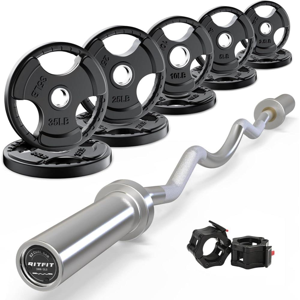 imageRitFit 2 Inch EZ Curl Bar with Weights 350LBS Weight Capacity Olympic Curl Barbell for Bicep Tricep and Weight Lifting ExercisesSilver with 155LB Weights
