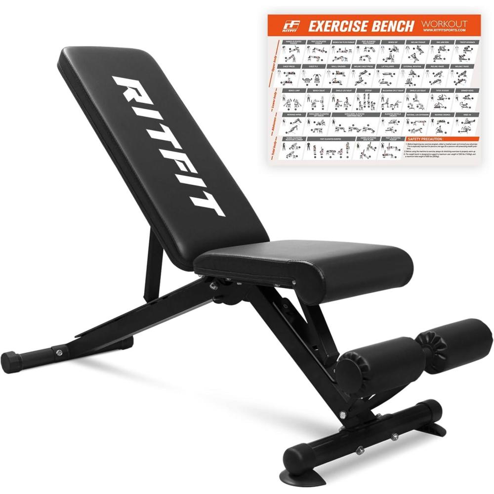 imageRitFit AdjustableFoldable Utility Weight Bench with Multiple Back Positions for Home Gym Decline Incline and Flat Settings for Weightlifting and Strength TrainingDark Black
