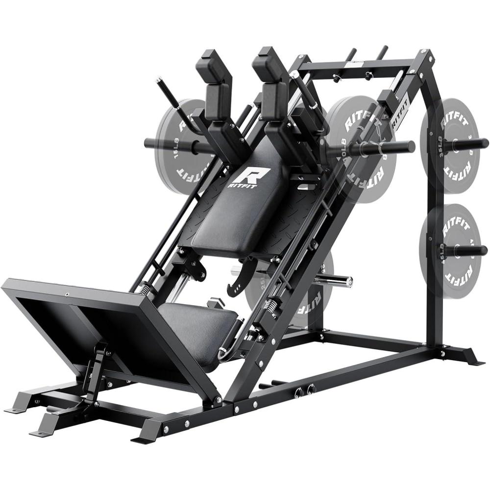 imageRitFit Gazelle Pro 3 in 1 Leg Press and Hack Squat Machine HighTensile Steel Leg Press Machine 2000 lbs Capacity Adjustable Angles Hack Squat Machine with Weight StorageBLACK