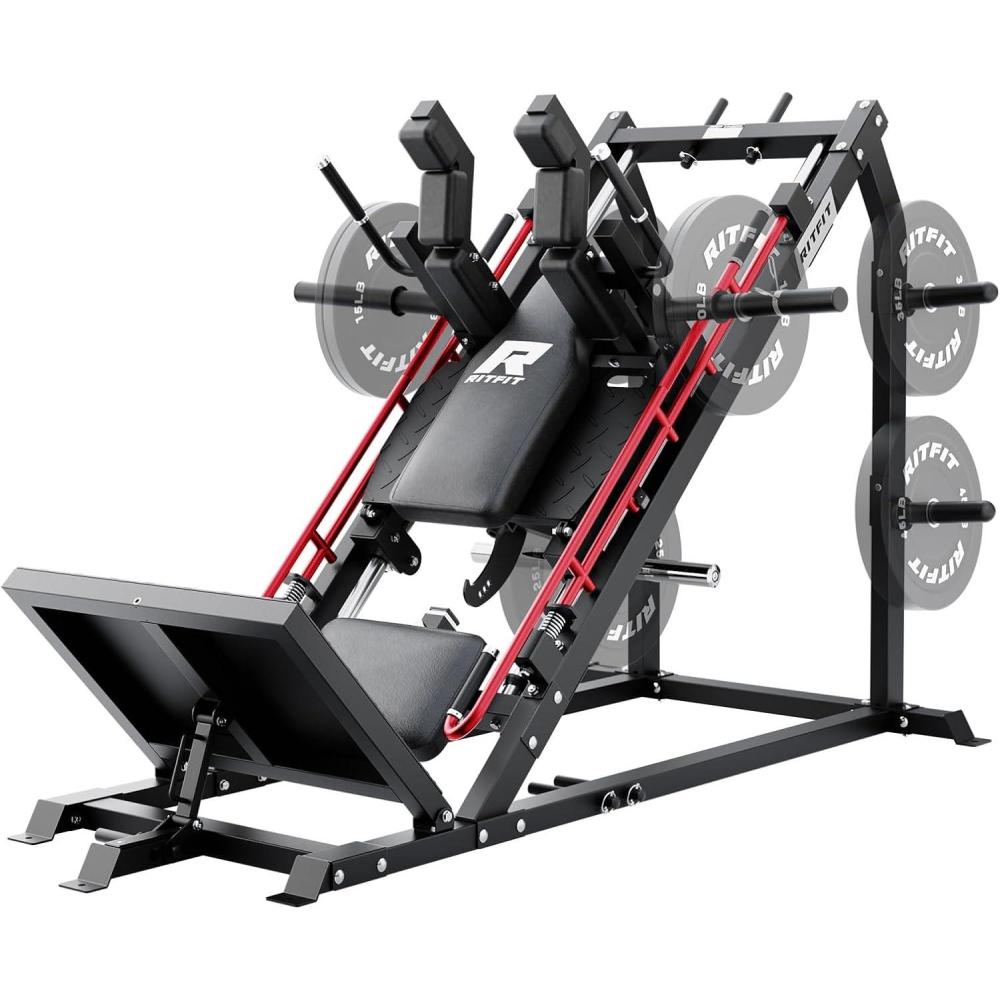 imageRitFit Gazelle Pro 3 in 1 Leg Press and Hack Squat Machine HighTensile Steel Leg Press Machine 2000 lbs Capacity Adjustable Angles Hack Squat Machine with Weight StorageRED