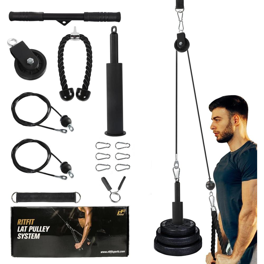 imageRitFit LAT and Lift Pulley System Pro with Dual Cables and Upgraded Loading Pin Home and Garage Gym Squat Rack Accessories for Tricep Pull DownBicep CurlBackShoulderStrength Workout