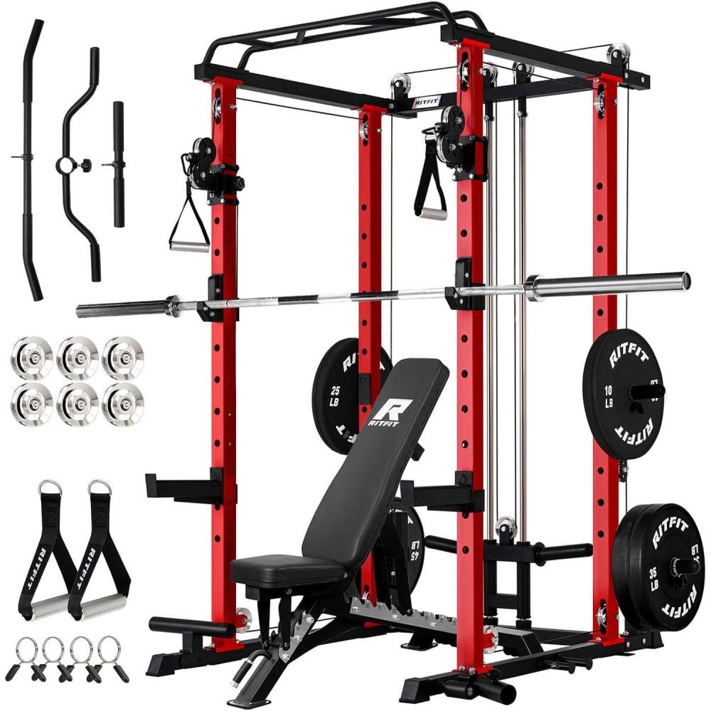 imageRitFit MultiFunction Squat Rack Power Cage PPCP3 with Cable Crossover System 1200LBS Capacity Power Rack and Packages with Optional Weight Bench Barbell Weight Set for Garage Workout amp Home GymRed