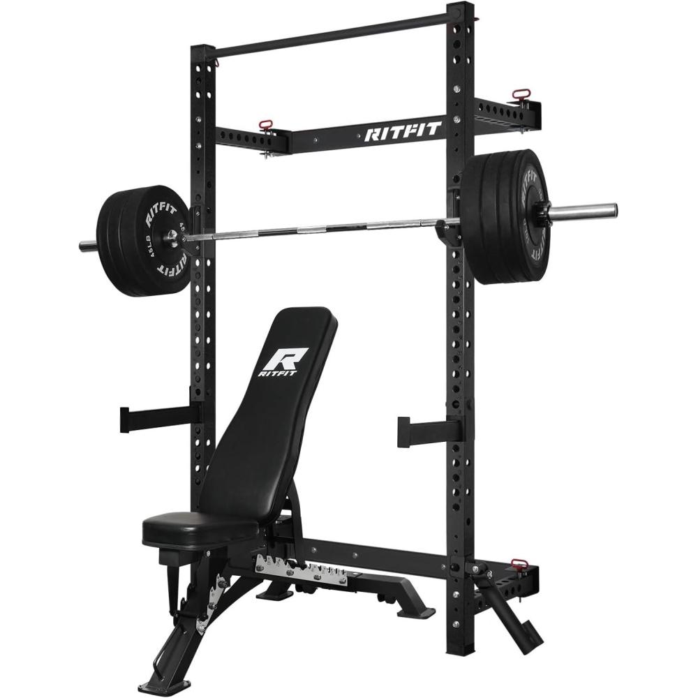imageRitFit MultiFunctional Folding Squat Rack for Home Gym 236 x 236 Wall Mounted Squat Rack with Attachments Space Saving Squat Power RackBlack
