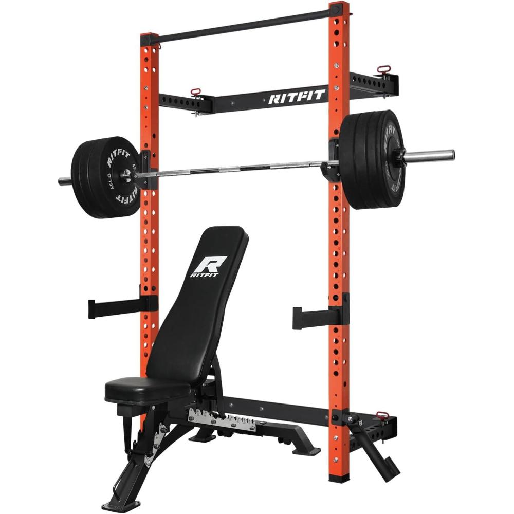 imageRitFit MultiFunctional Folding Squat Rack for Home Gym 236 x 236 Wall Mounted Squat Rack with Attachments Space Saving Squat Power RackOrange