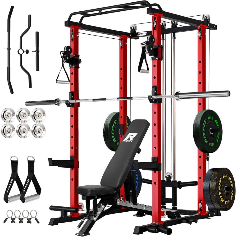 imageRitFit PPCP3 Power Cage with Optional LAT PullDownCable Crossover 1200LB Squat Rack for Home amp Garage Gym with Weight Storage Rack and More Training Attachments ASTMCertifiedRed