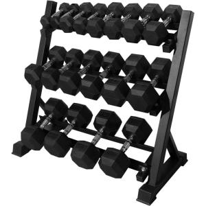 RITFIT 650/550/450/350/300/310/260/210/200/180/150/100 LB Rubber Hex Dumbbells Set with Optional Dumbbell Rack, Multi Weight Set to Choose, Ideal for Home Gym and Fitness(450 LBS Set with 3-Tier Rack)