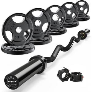RitFit 2 Inch EZ Curl Bar with Weights, 350LBS Weight Capacity Olympic Curl Barbell for Bicep, Tricep and Weight Lifting Exercises(Black with 155LB Weights)