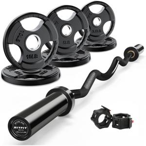 RitFit 2 Inch EZ Curl Bar with Weights, 350LBS Weight Capacity Olympic Curl Barbell for Bicep, Tricep and Weight Lifting Exercises(Black with 35LB Weights)