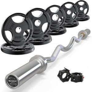 RitFit 2 Inch EZ Curl Bar with Weights, 350LBS Weight Capacity Olympic Curl Barbell for Bicep, Tricep and Weight Lifting Exercises(Silver with 155LB Weights)