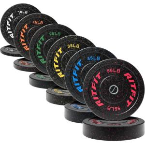 RitFit Bumper Plates, Colored Fleck-Rubber Weight Plates with Steel Insert, 2-inch Olympic Weight Plates for Weight Lifting and Strength Training (Single, Pair & Set)
